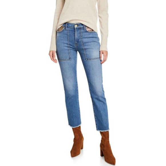 FRAME Rattler Le High Straight Ankle Jeans with Python Patchwork Pocket - Picture 1 of 9
